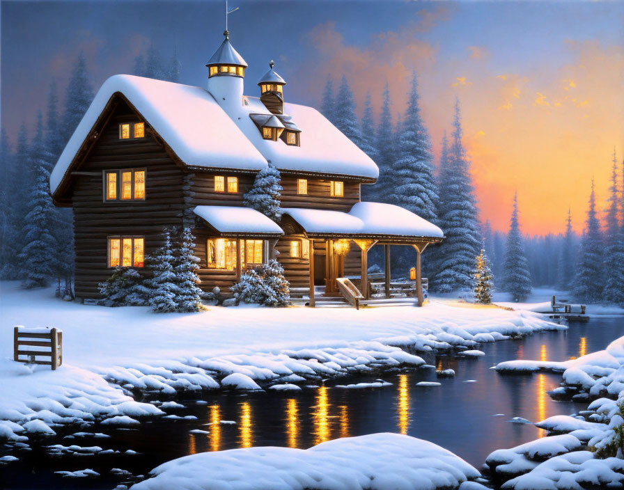 Snowy log cabin with lit interior by tranquil frozen river