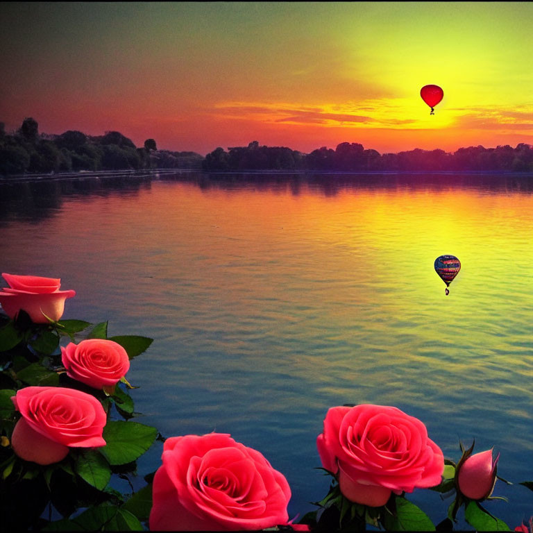 Tranquil lake at sunset with hot air balloons and pink roses