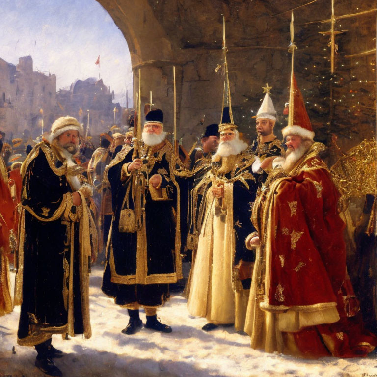 Oil painting of four bearded figures in golden robes against a historical stone archway