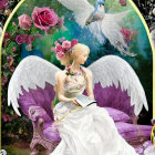 Winged woman reading on purple chair with floral surroundings