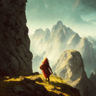 Person in Red Cloaks on Mountain Edge with Dragons and Towering Peaks