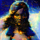 Colorful portrait of a woman with flowing hair and paint splatters on dark background