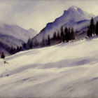 Snowy Mountain Landscape Watercolor Painting with Cabins and Evergreen Trees