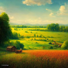 Tranquil rural landscape with red flowers, green hills, houses, and glowing sky