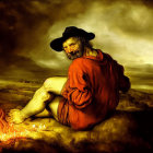 Bearded man in red cloak by fire under dramatic sky