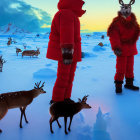 Two People in Red Winter Coats Near Reindeer and Igloos under Twilight Sky