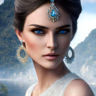 Woman with Striking Blue Eyes and Elaborate Jewelry on Sparkling Background