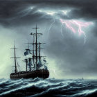 Tall ship sailing turbulent seas under stormy sky