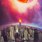 Surreal cityscape with fiery explosion and reflective orb above