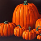 Vibrant orange pumpkins with curved green stems on dark background