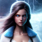 Portrait of Woman with Blue Eyes and Silver Hair in Mystical Setting