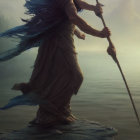 Mythological winged creature with staff in shallow water