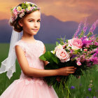 Young girl in white dress with floral headpiece holding bouquet in field with mountains.