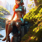 Female superhero with red hair in green suit and helmet in vibrant forest