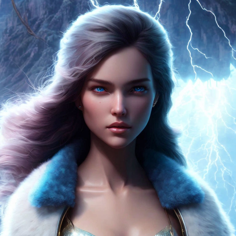 Digital artwork of woman with blue eyes & white hair in fur collar against lightning backdrop