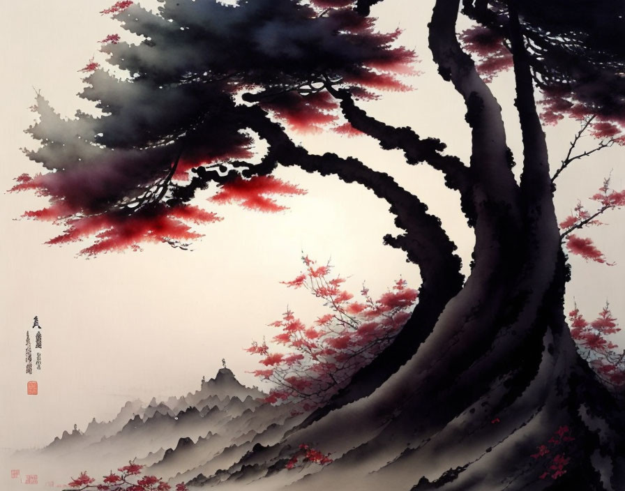 Asian Style Painting: Twisting Red Trees, Misty Mountains, Calligraphy & Seals