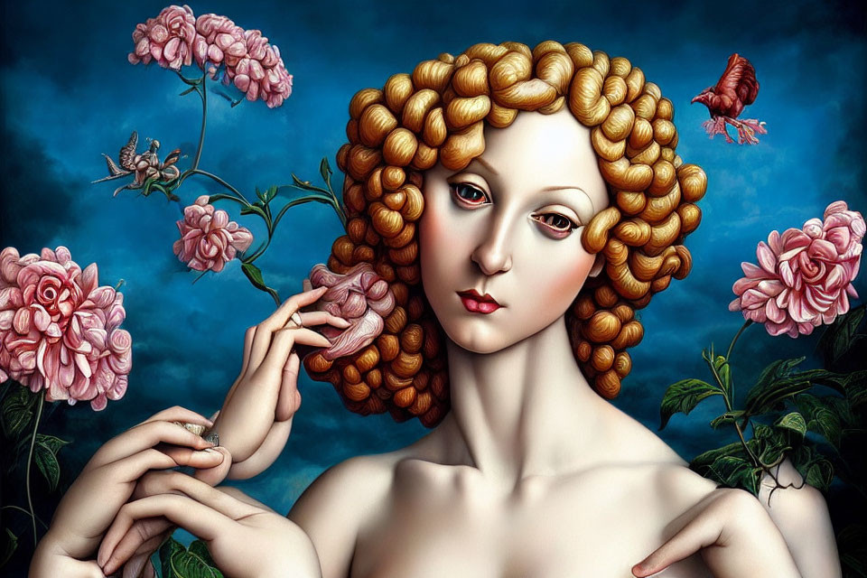 Surreal painting of woman with golden hair, pink flowers, bird, and bee on blue sky