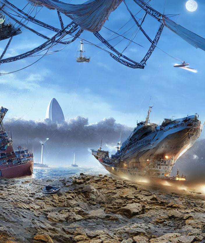 Surreal seascape with sunken ship, futuristic buildings, and moonlit sky