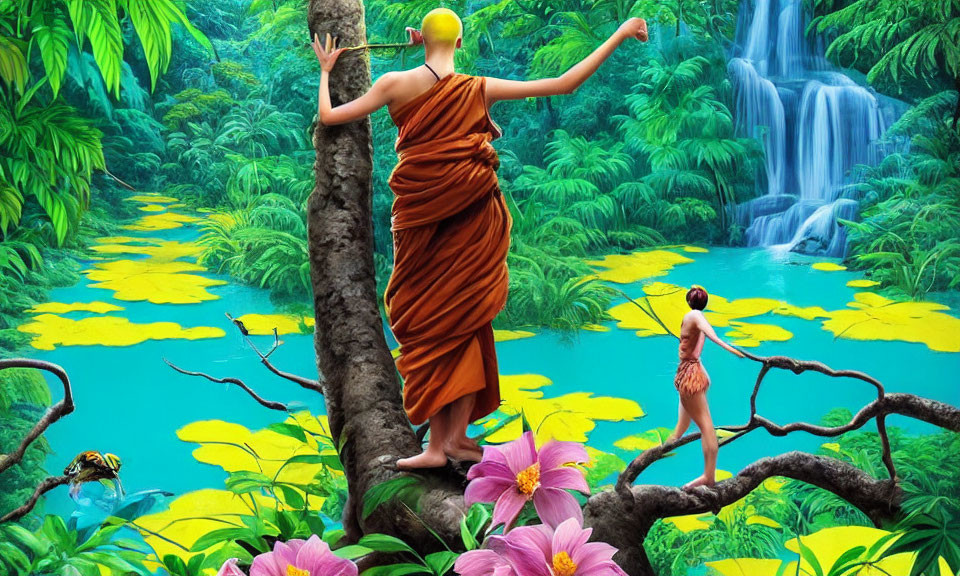 Monk in orange robes on tree branch above lush forest with waterfalls and child.