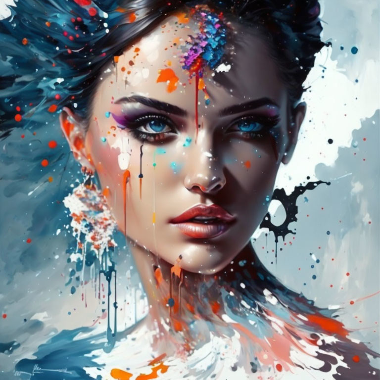 Vibrant digital painting of woman with colorful splashes and flowing hair