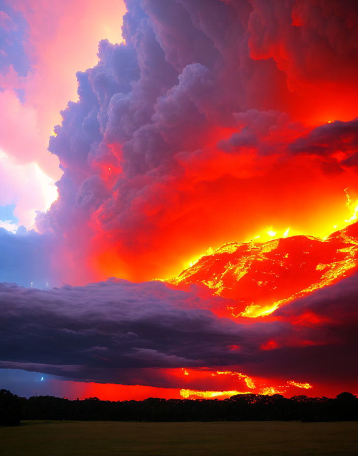 Dramatic sunset with red and orange clouds illuminated by lightning