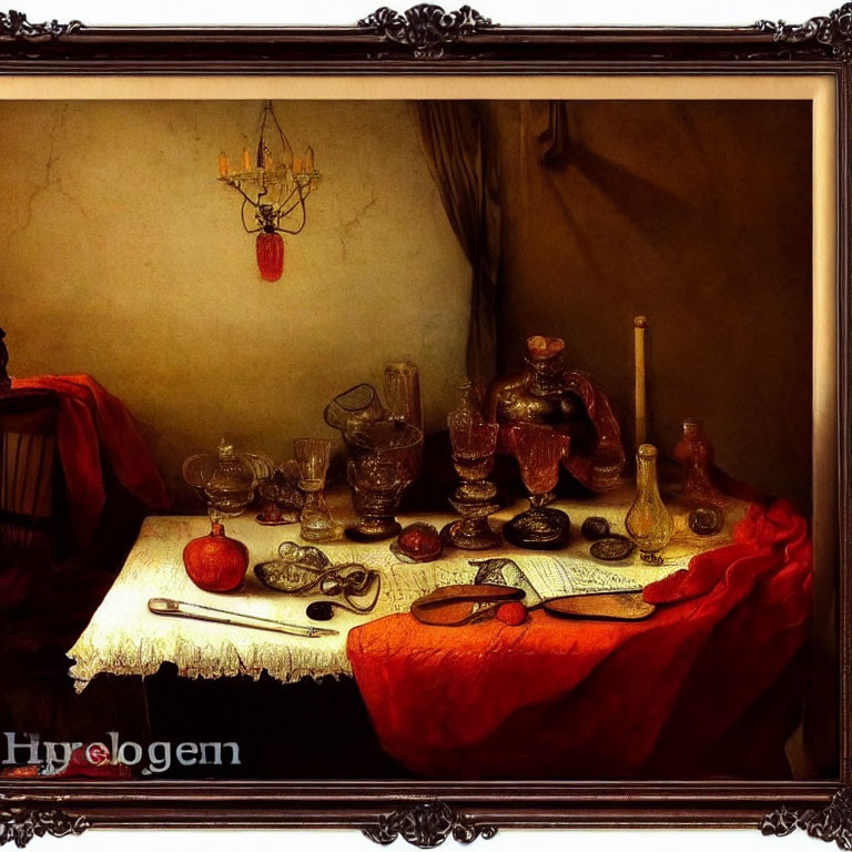 Ornate table setting with glasses, jug, apples, oysters, and candle on drab