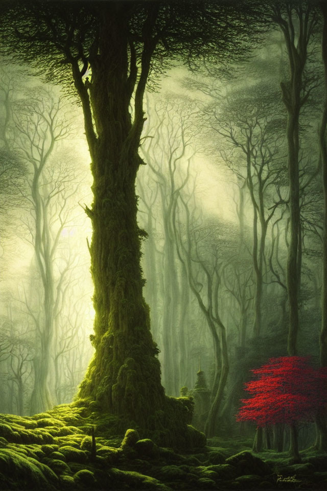 Ethereal forest scene with towering tree, red bush, misty light, and moss-covered ground