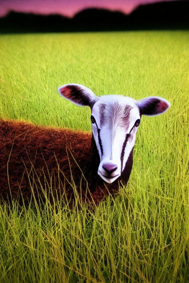 Brown and White Goat in Green Field with Twilight Sky