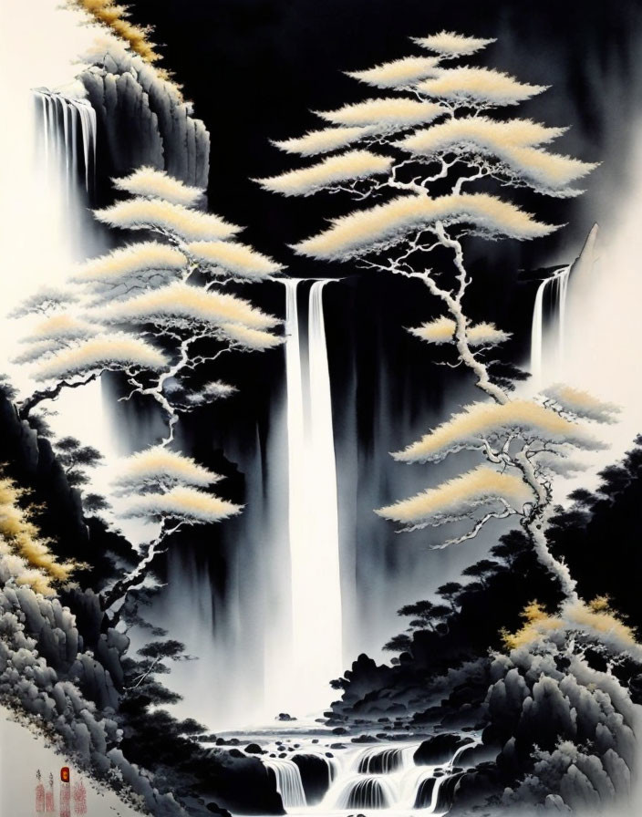 Traditional Asian Ink Painting of Serene Waterfall and Golden Trees