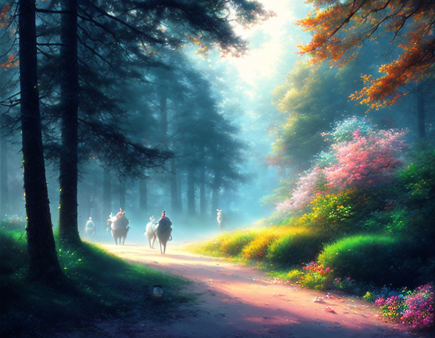 Horseback riders in lush sunlit forest