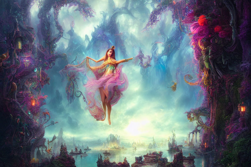 Graceful dancer in vibrant mystical forest with ethereal light