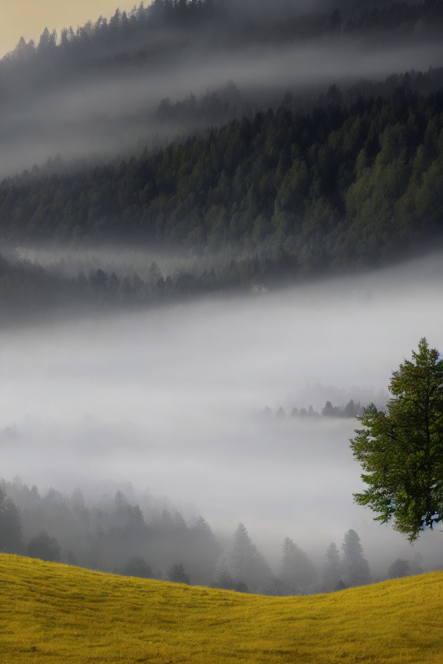 Misty yellow meadow and lone tree in rolling hills