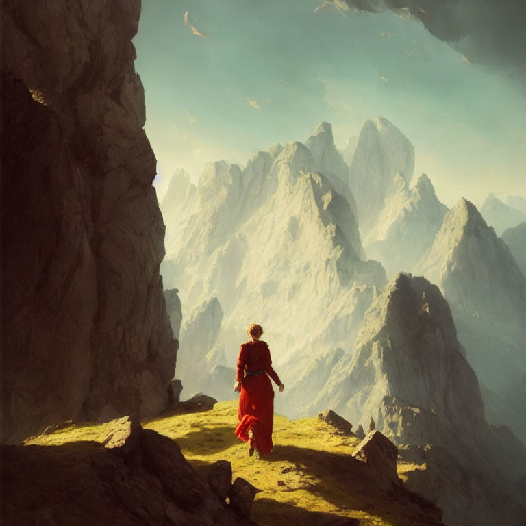 Person in Red Outfit Observing Majestic Mountain Range