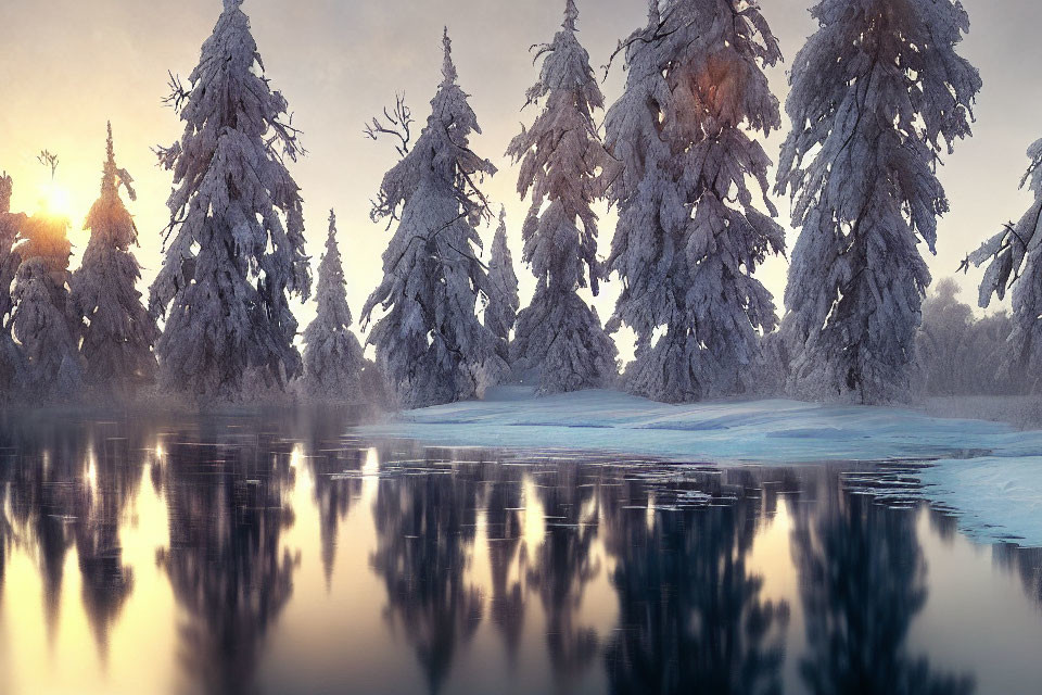 Frozen Lake Reflects Snow-Covered Trees at Sunrise