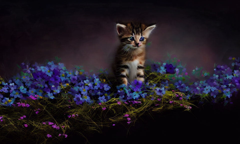 Adorable kitten among blue and purple flowers on dark background