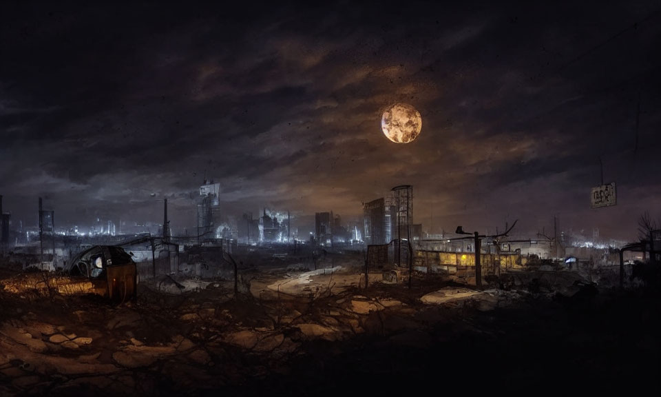 Dystopian night scene with full moon over desolate urban landscape