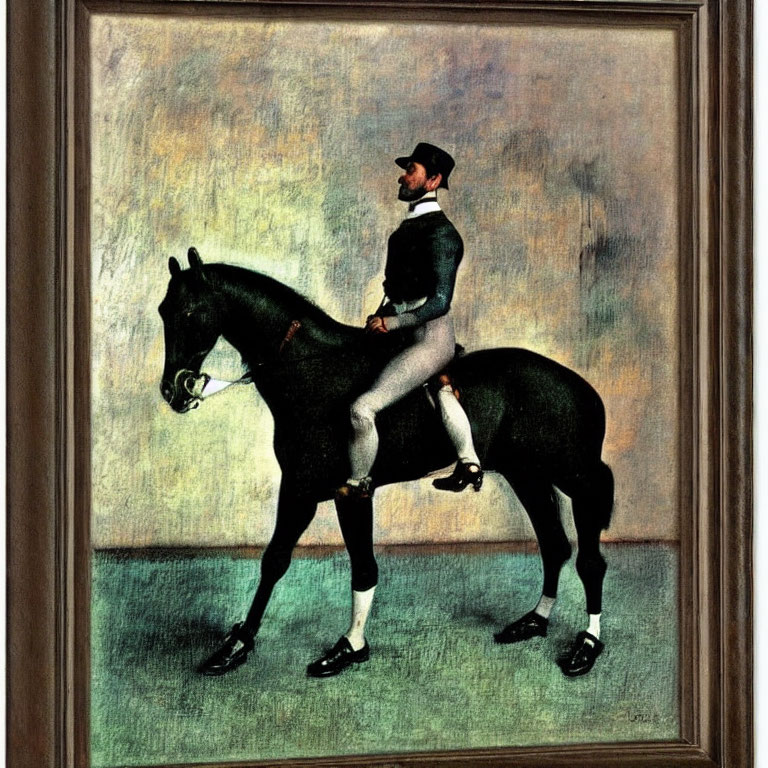 Impressionist painting of rider on dark horse against textured background