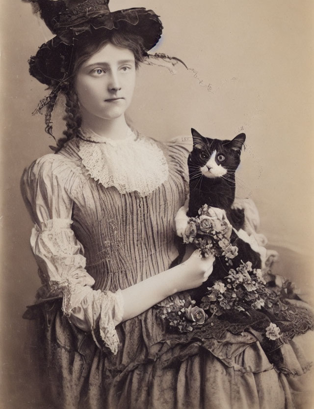 Victorian-era woman in ruffled dress with black and white cat and floral decorations