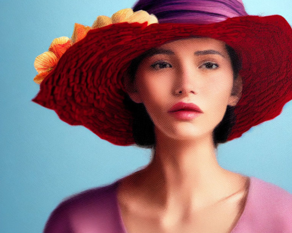 Woman in Red Hat with Yellow Flowers on Blue Background