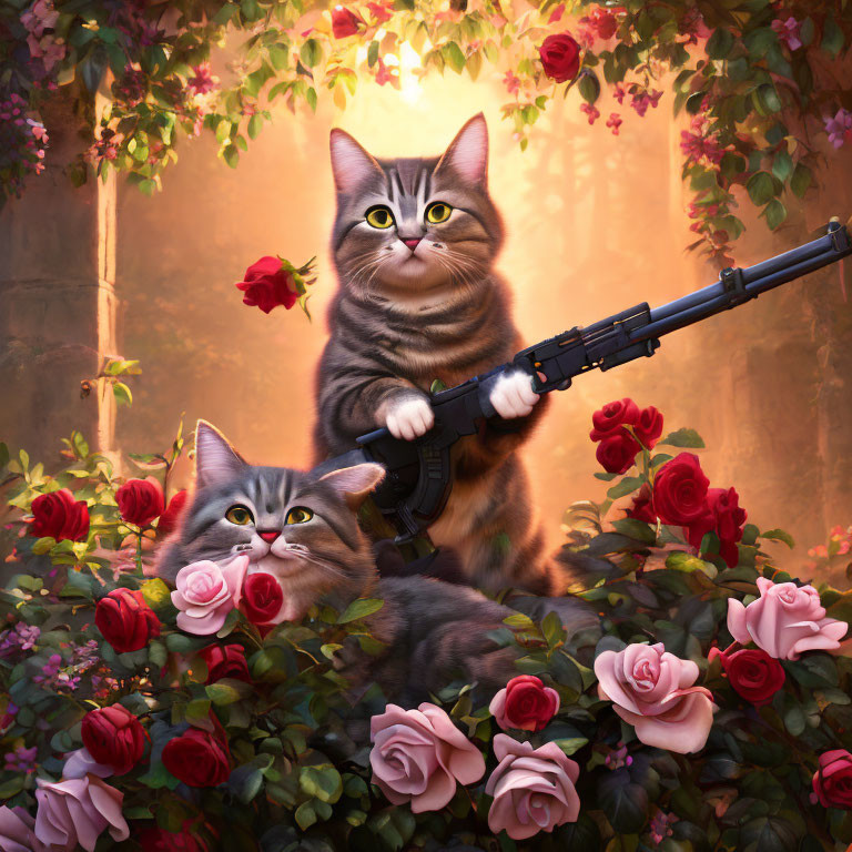 Two animated cats with large eyes in a rose garden with a sniper rifle, surrounded by blooming flowers