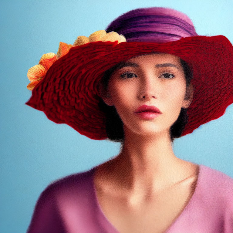 Woman in Red Hat with Yellow Flowers on Blue Background