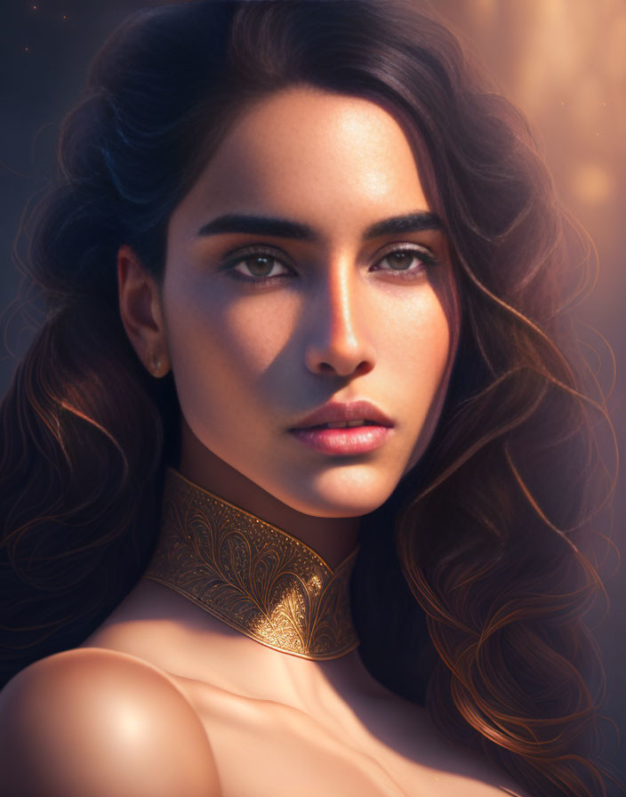 Portrait of a woman with flowing hair and gold choker against warm bokeh background