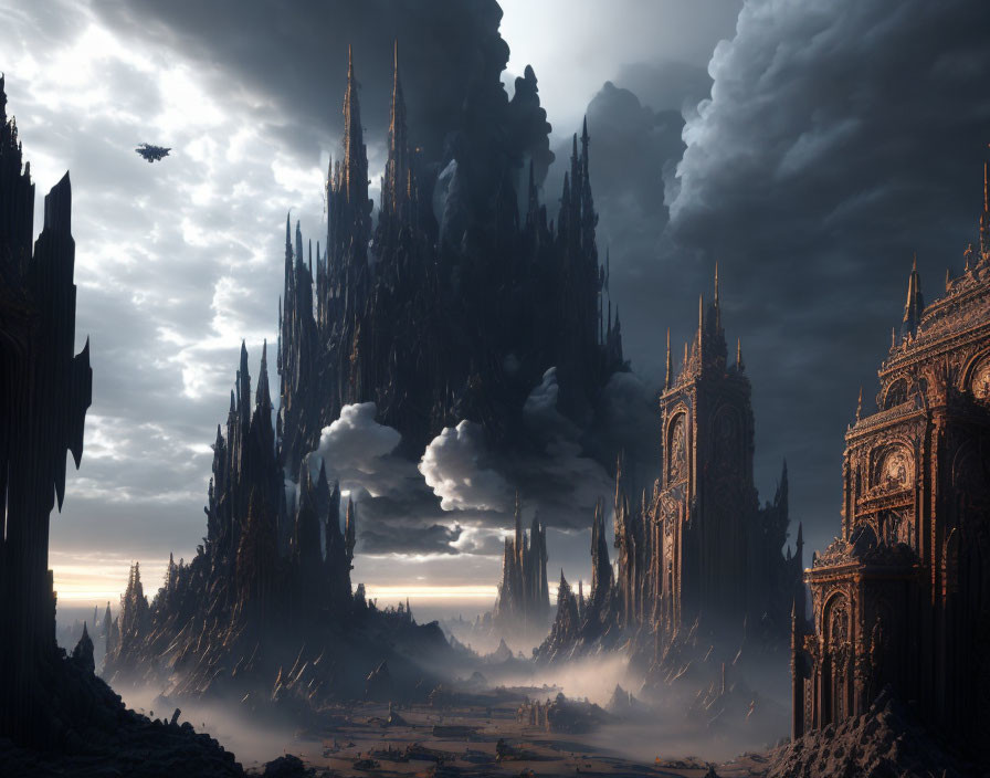 Fantastical landscape with gothic spires and flying craft