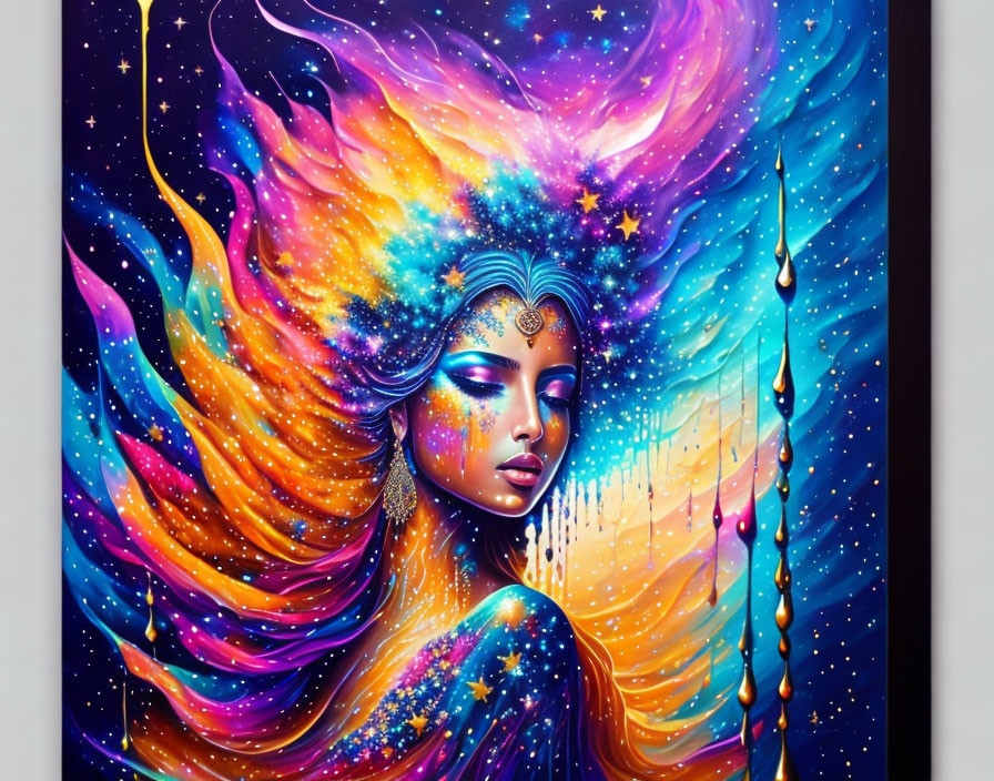 Colorful cosmic portrait of a woman with flowing hair and celestial motifs