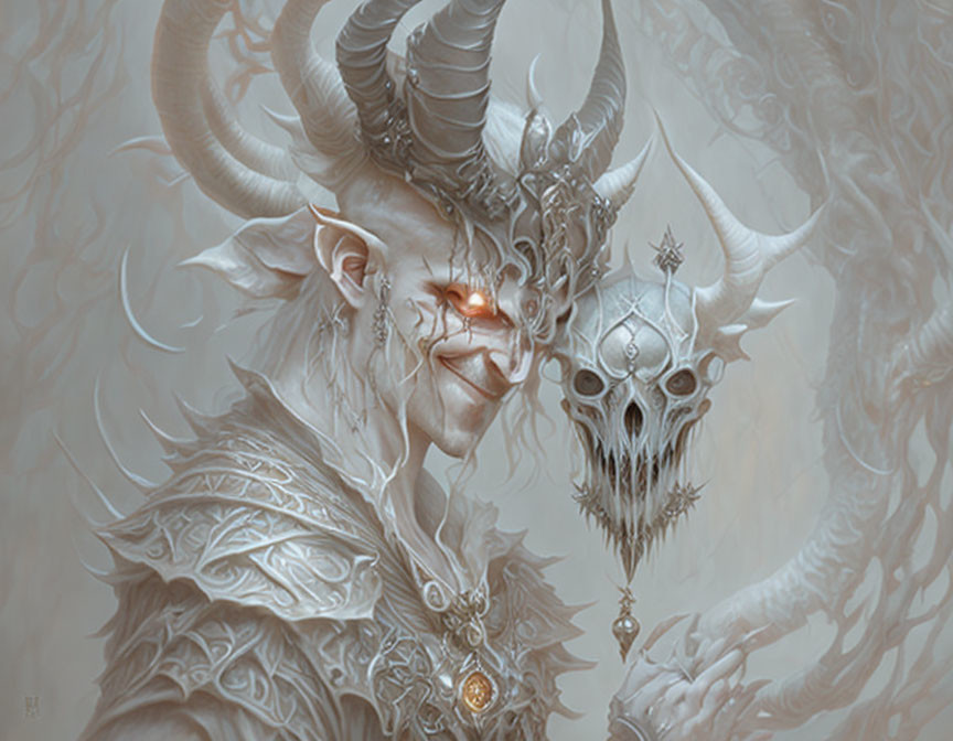 Fantastical character with large curved horns and skull-adorned staff