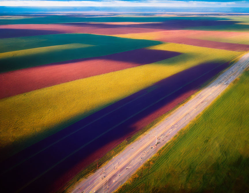 Scenic aerial view of colorful agricultural fields and road under warm light