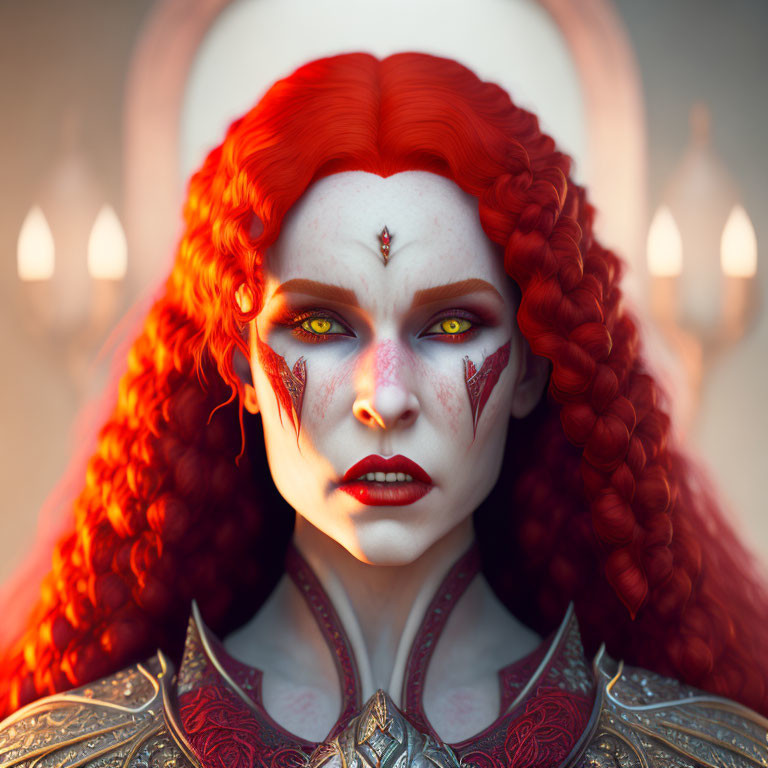 Fantasy portrait of woman with red hair, vibrant eyes, intricate facial markings, regal attire,