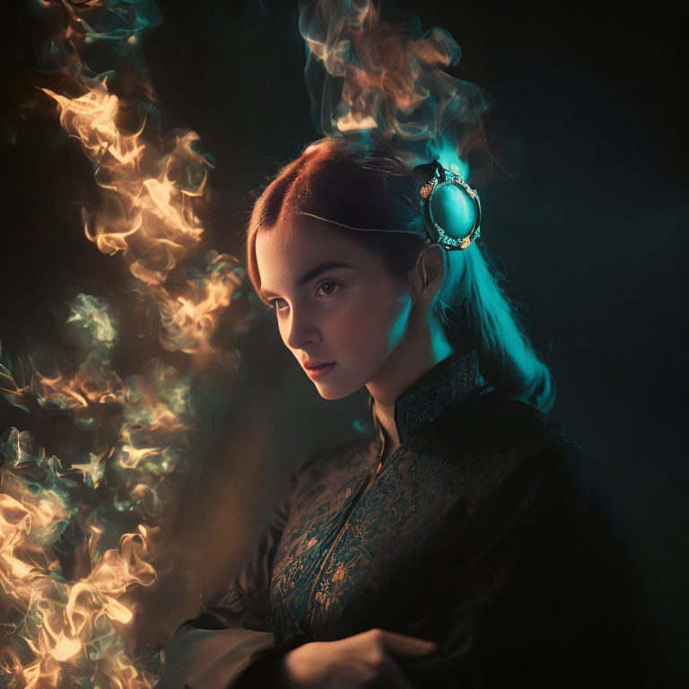 Woman in ornate headpiece surrounded by swirling orange flames