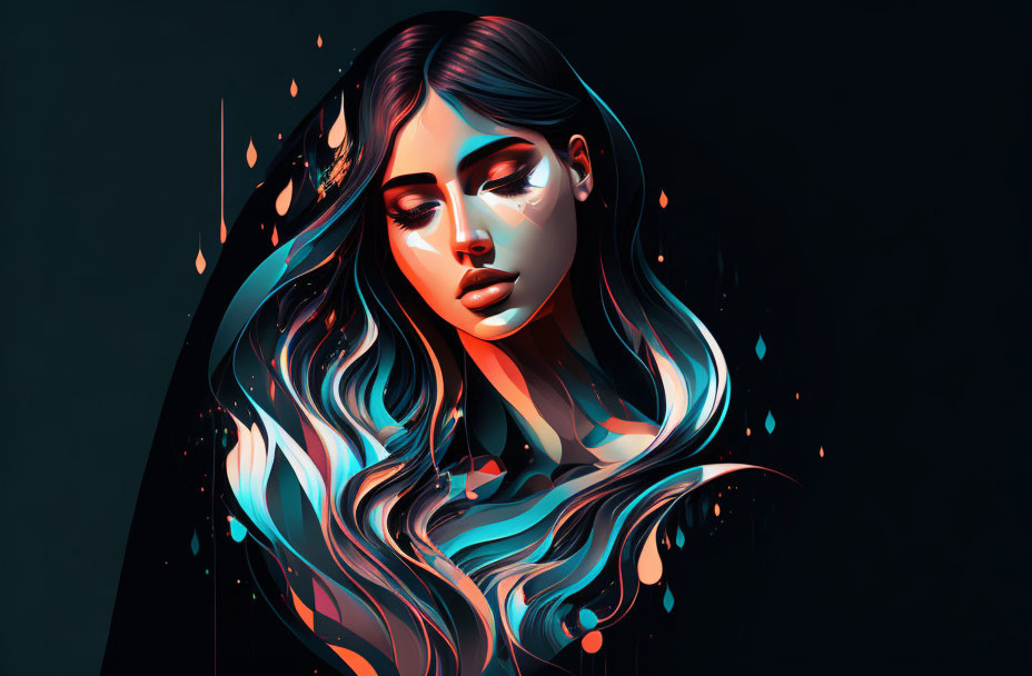 Vibrant blue and orange tones in woman's flowing hair illustration