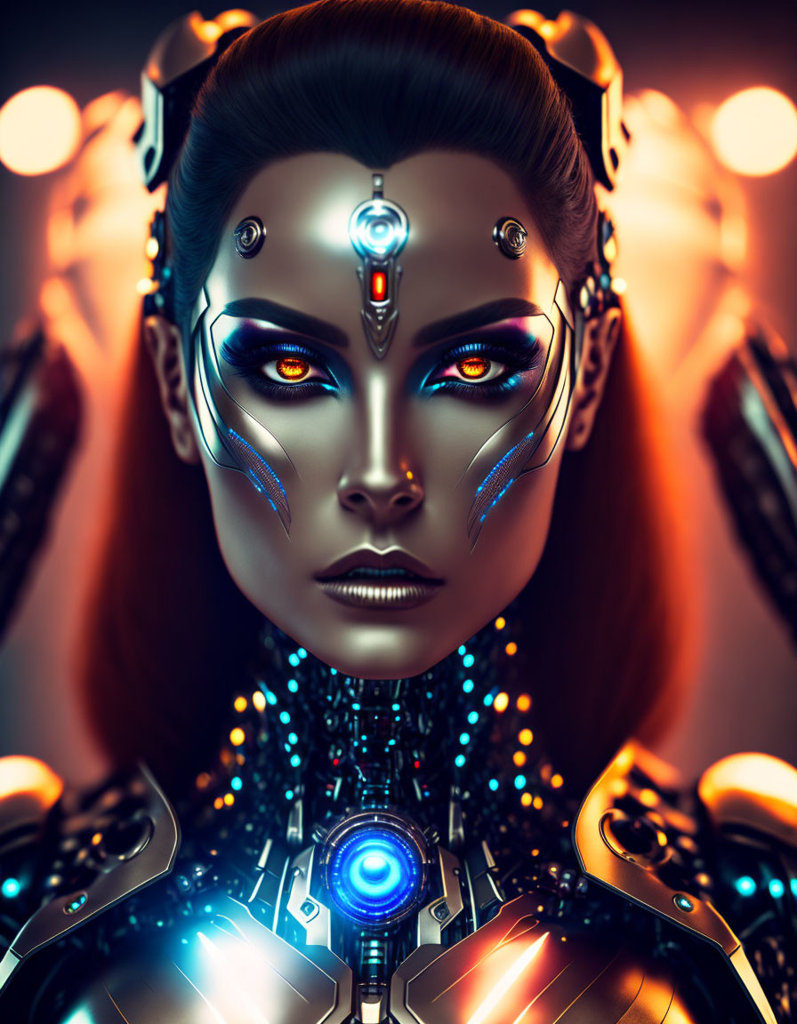 Female android with glowing eyes and cybernetic details in futuristic setting.